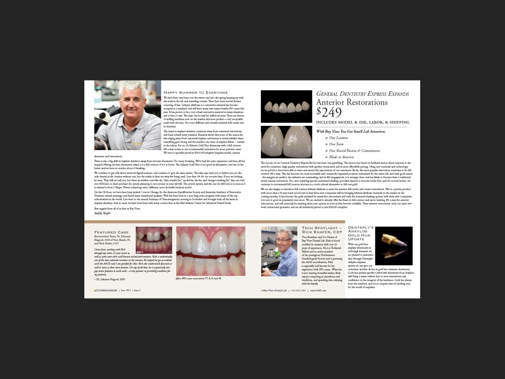 Bay View Dental Lab Communique, 2013. Inside cover and panel.