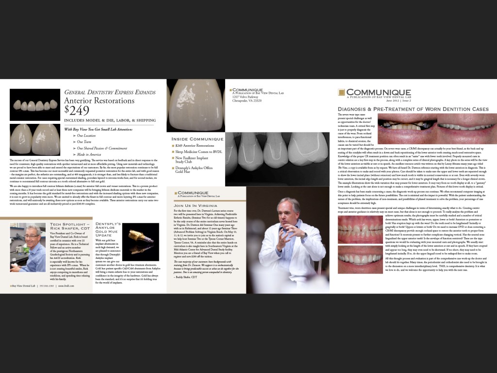 Bay View Dental Lab Communique, 2013. Inside panel, band and front cover.