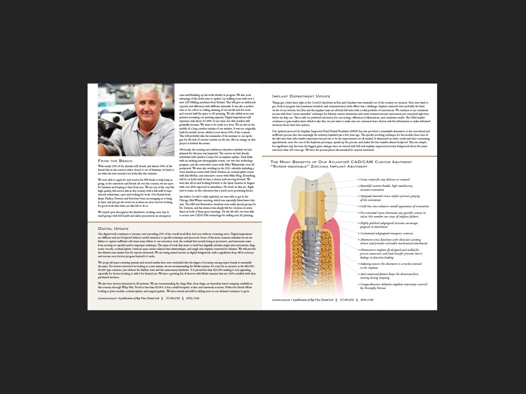 Bay View Dental Lab Communique, Fall 2012. Inside cover and panel.