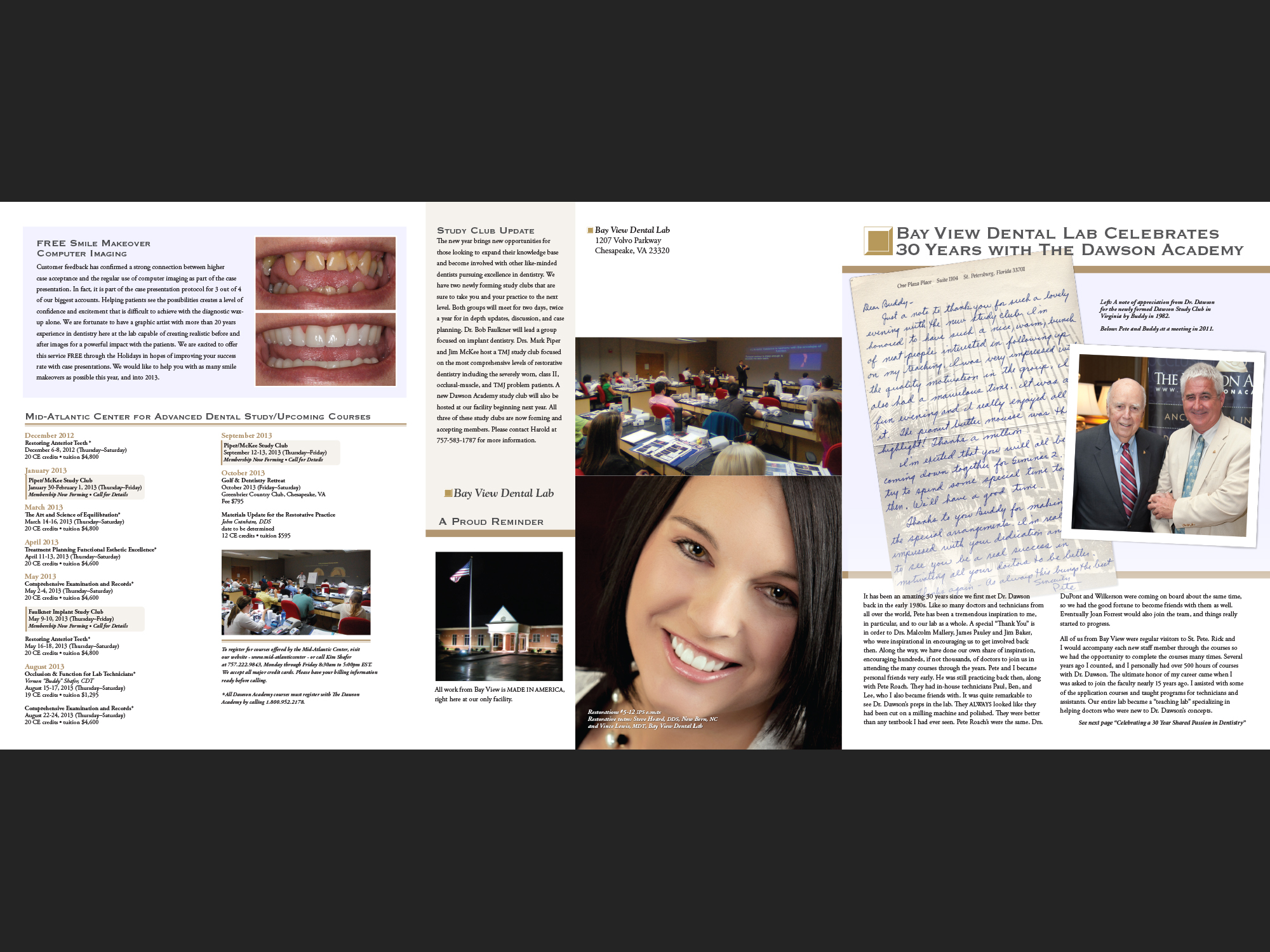 Bay View Dental Lab Communique, Fall 2012. Inside panel, back and front cover.