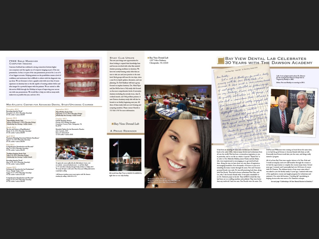 Bay View Dental Lab Communique, Fall 2012. Inside panel, back and front cover.