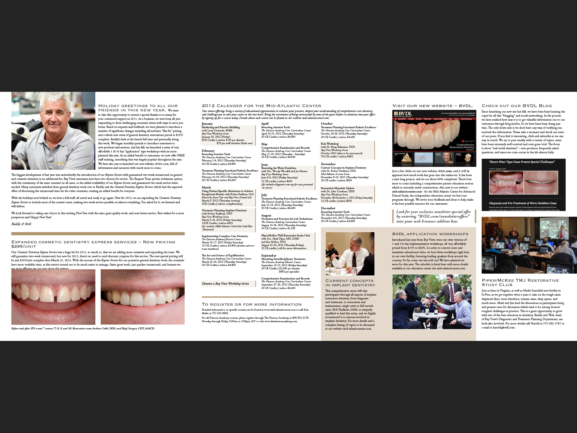 Bay View Dental Lab Communique, Spring 2012. Inside panels.