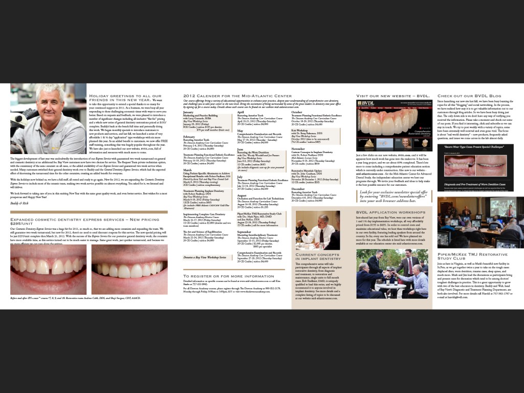 Bay View Dental Lab Communique, Spring 2012. Inside panels.