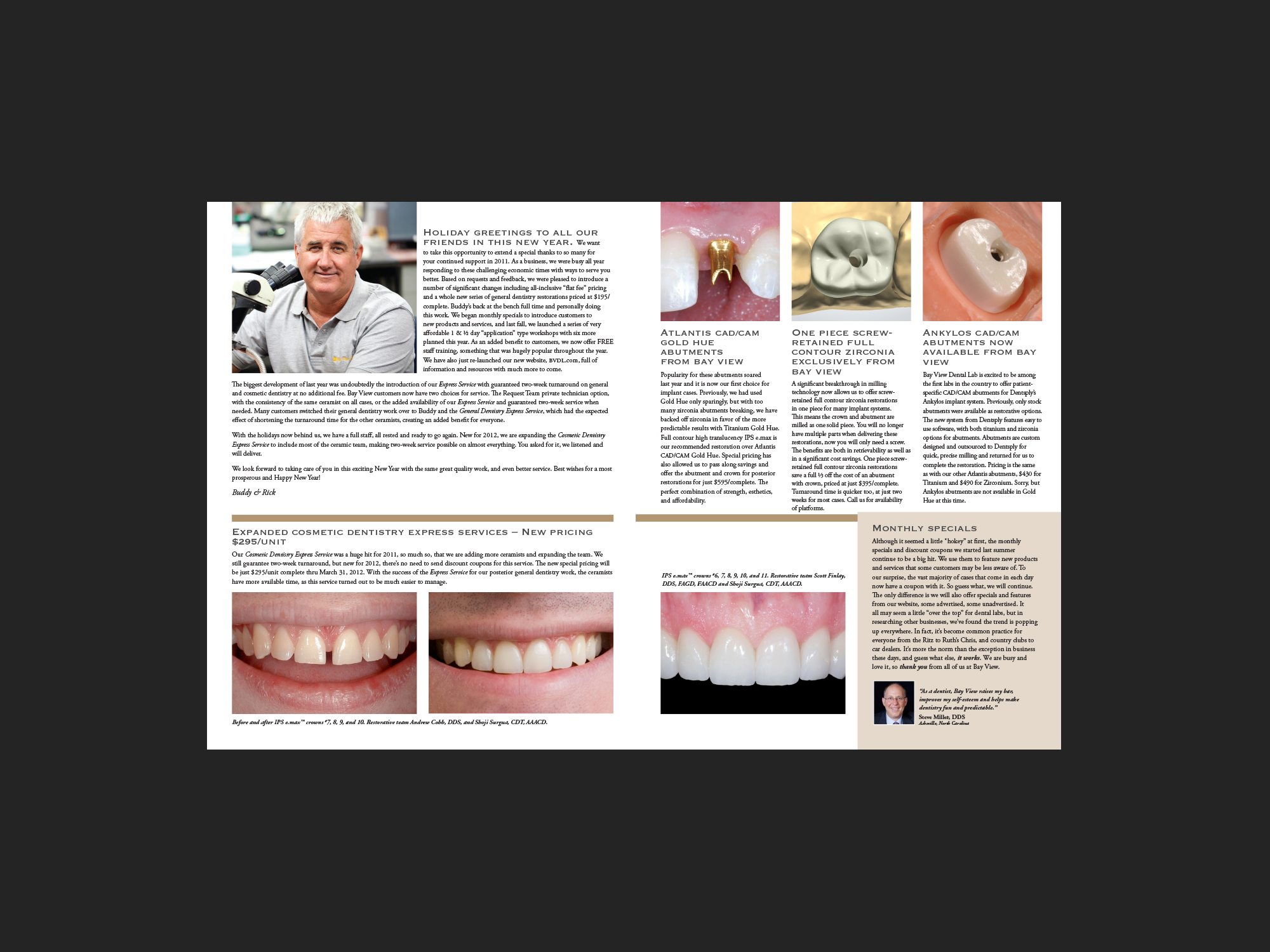 Bay View Dental Lab Communique, Spring 2012. Inside cover and panel.