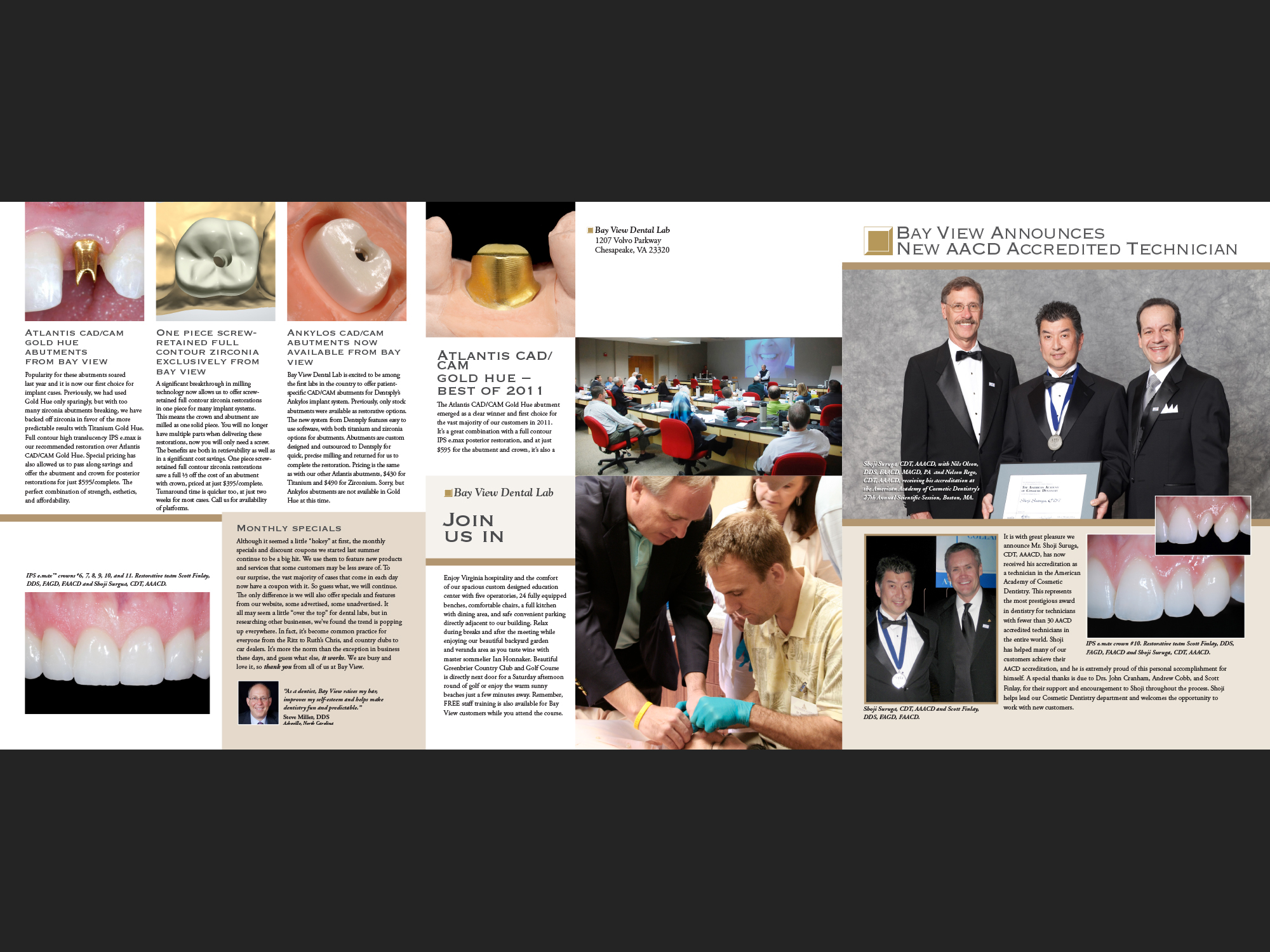 Bay View Dental Lab Communique, Spring 2012.. Inside panel, back and front cover.