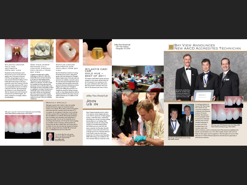 Bay View Dental Lab Communique, Spring 2012.. Inside panel, back and front cover.