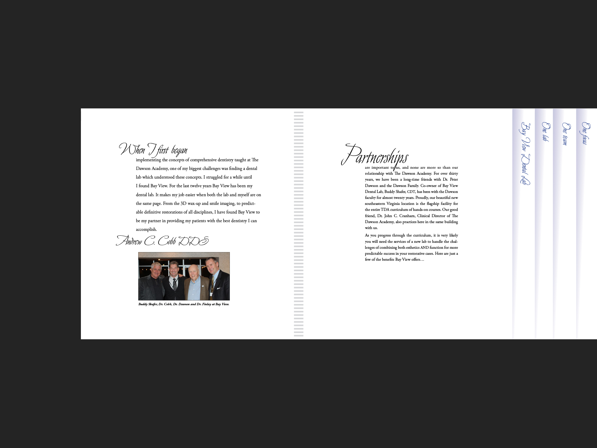 In-house promotional booklet for Bay View Dental Lab, inside cover - page 1.