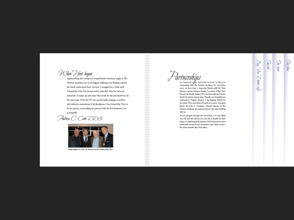 In-house promotional booklet for Bay View Dental Lab, inside cover - page 1.