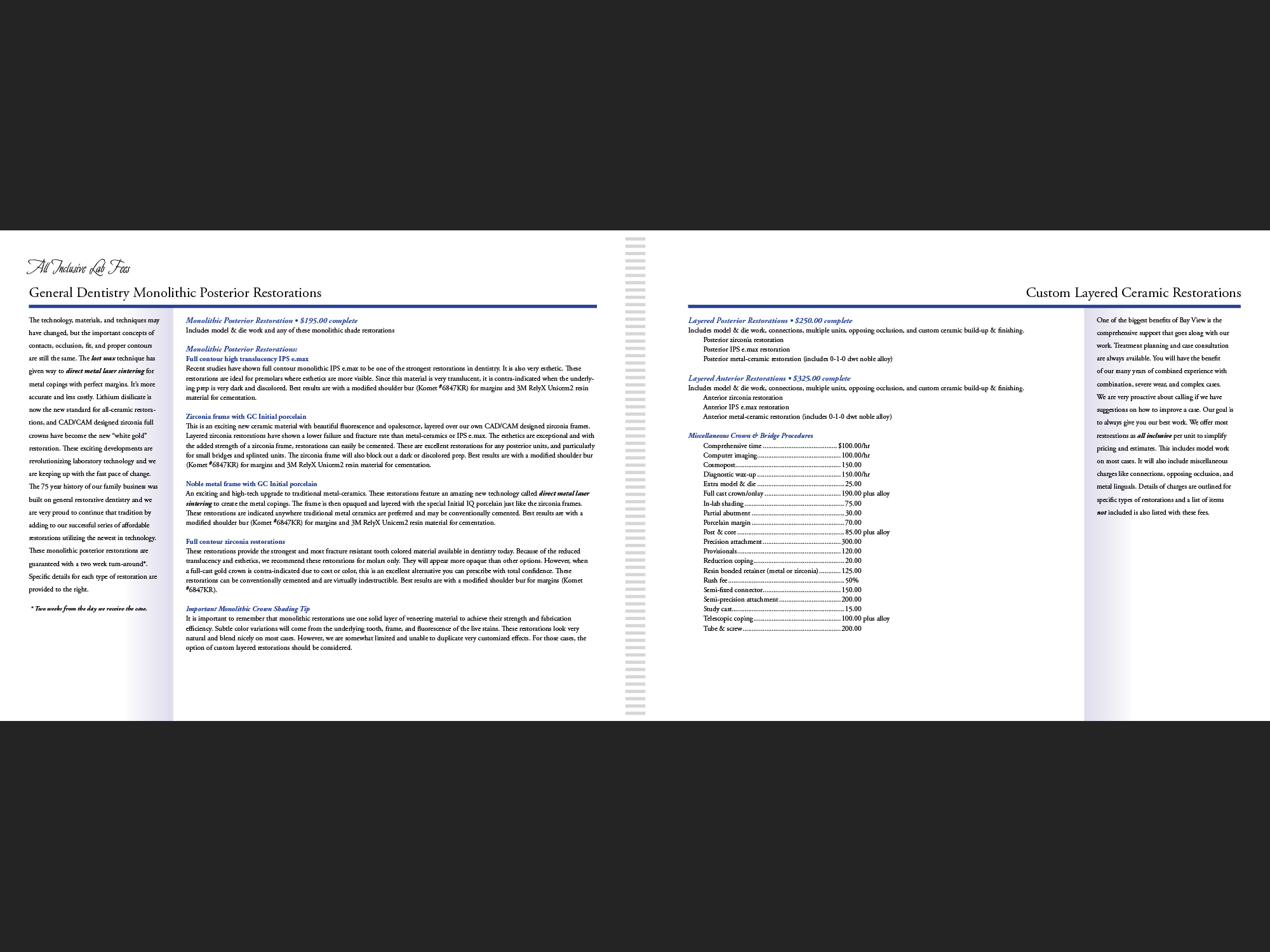 In-house promotional booklet for Bay View Dental Lab, page 9-10.