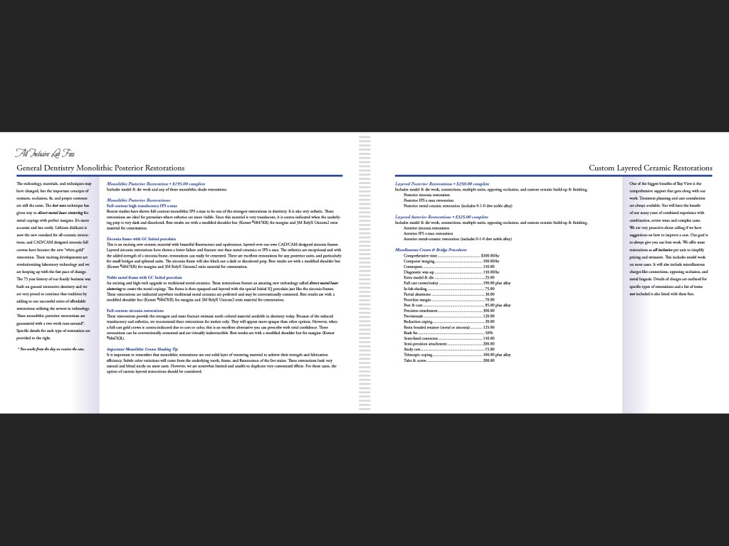 In-house promotional booklet for Bay View Dental Lab, page 9-10.