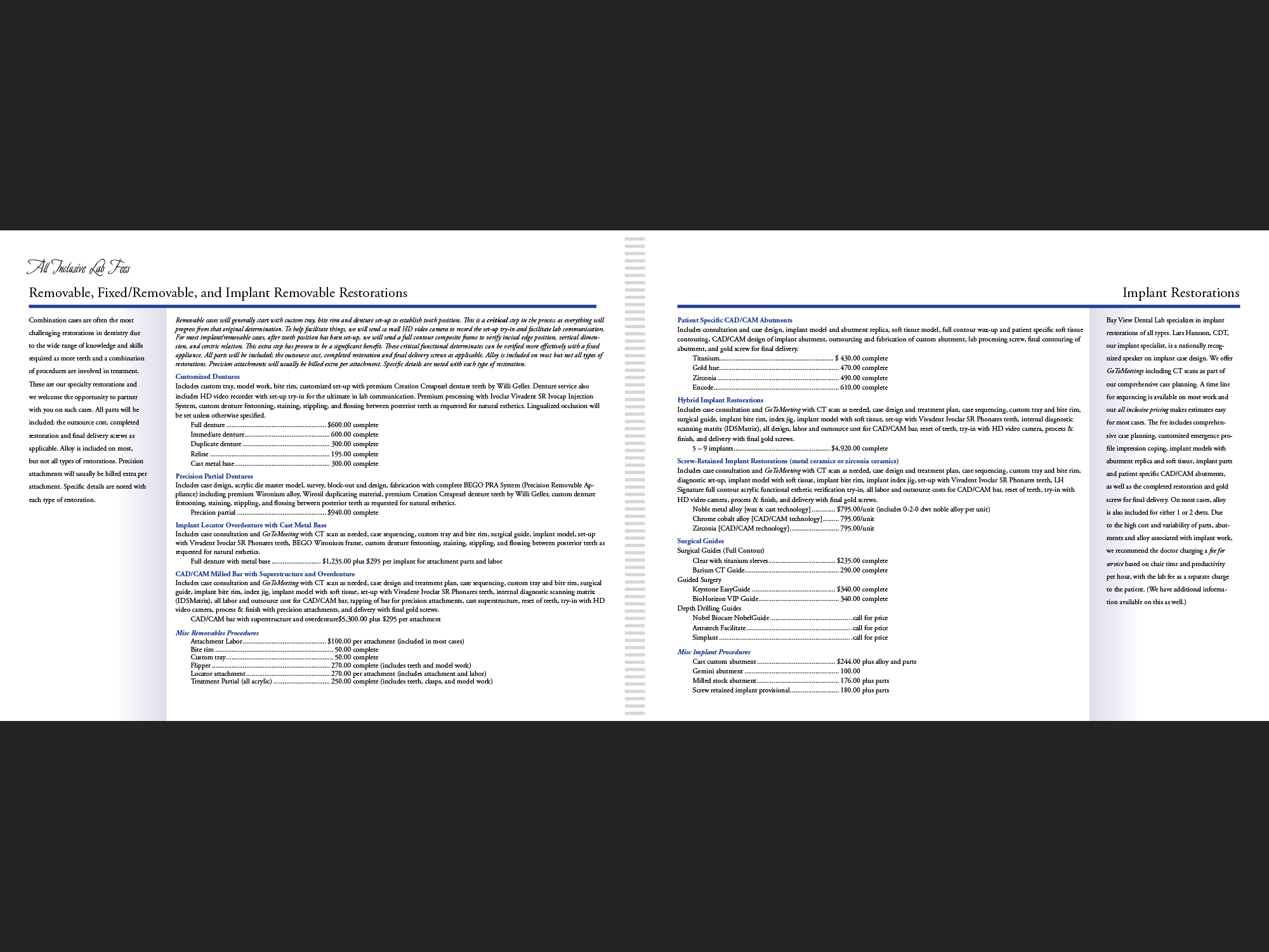 In-house promotional booklet for Bay View Dental Lab, page 11-12.