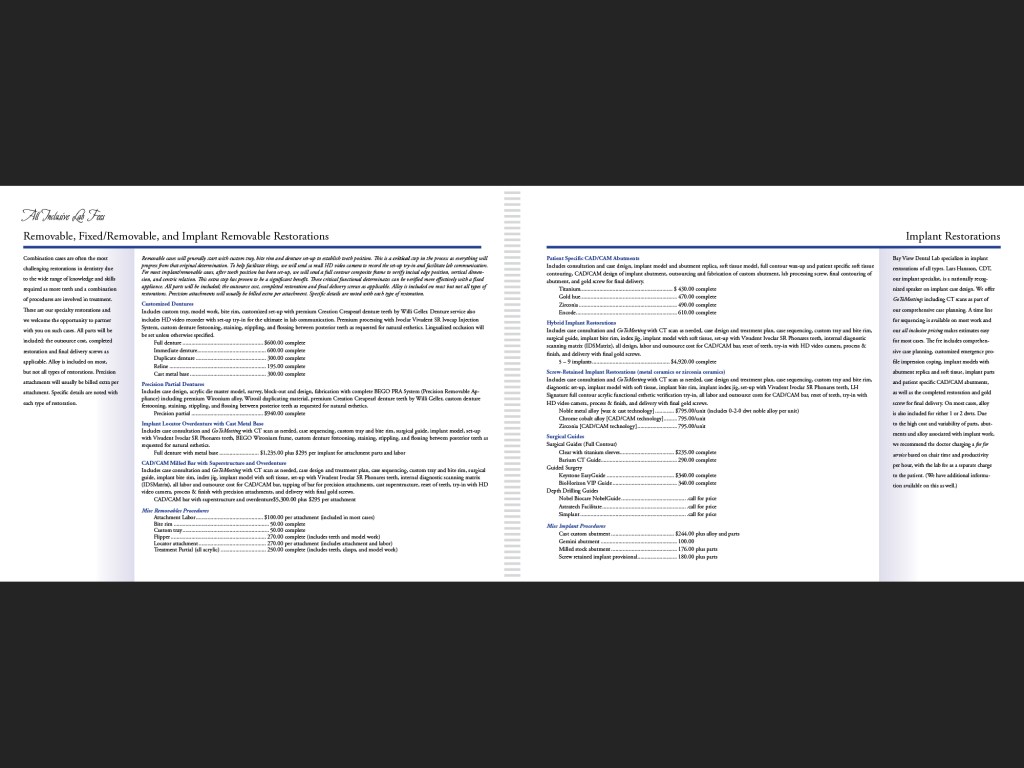 In-house promotional booklet for Bay View Dental Lab, page 11-12.