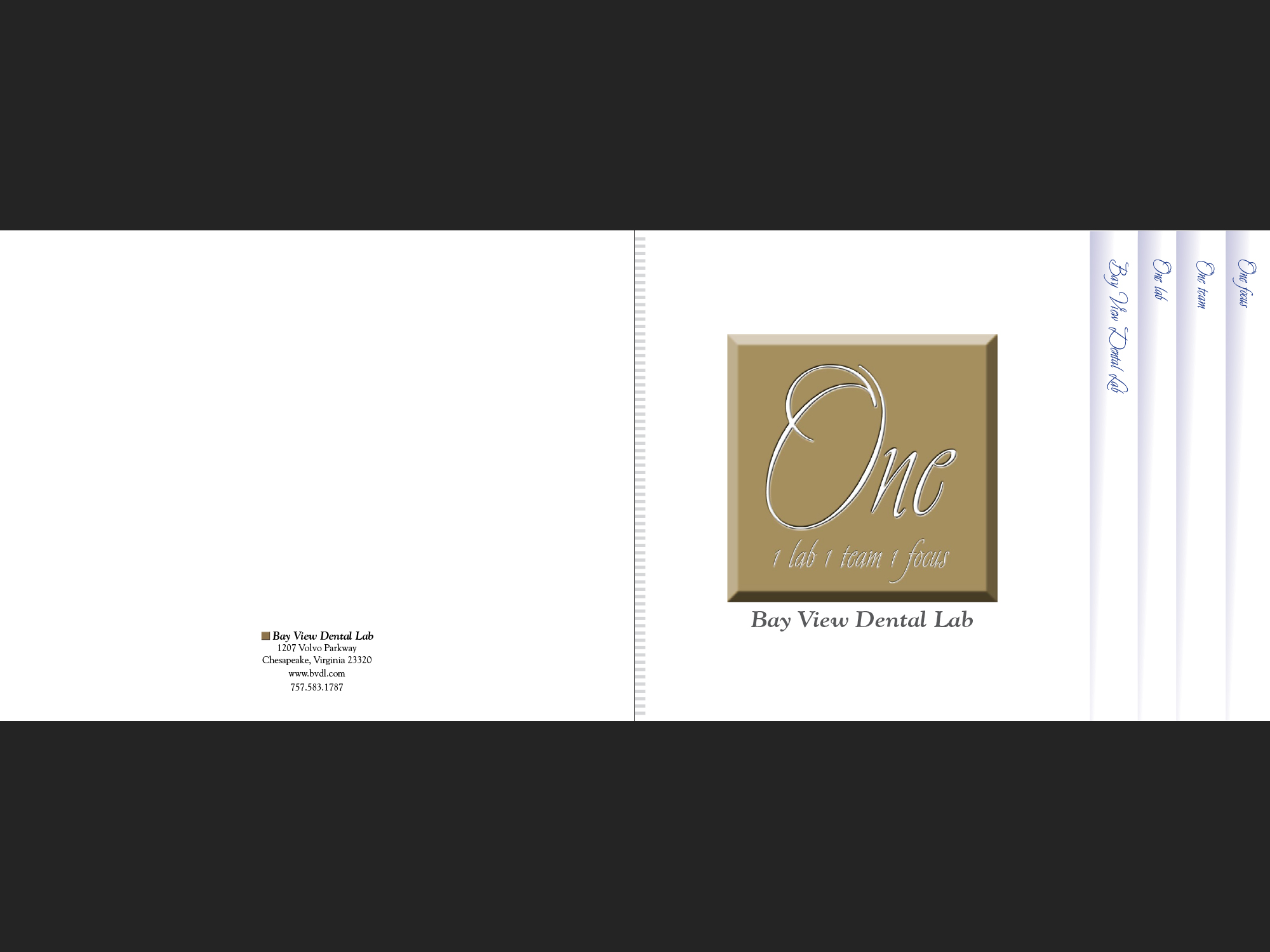 In-house promotional booklet for Bay View Dental Lab, front and back cover.