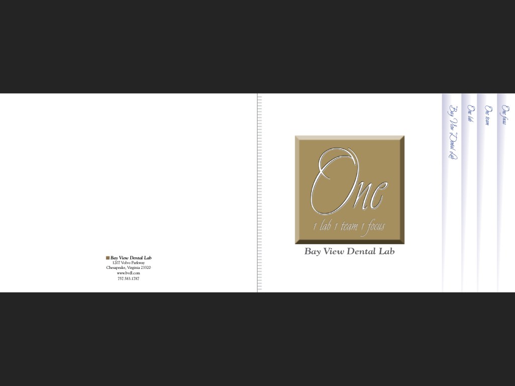 In-house promotional booklet for Bay View Dental Lab, front and back cover.